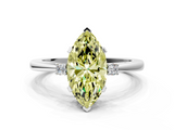 White gold Fancy Yellow Marquise  Cut Three-Stone Solitaire Ring with Round Accent Diamonds and Four-Prong Setting