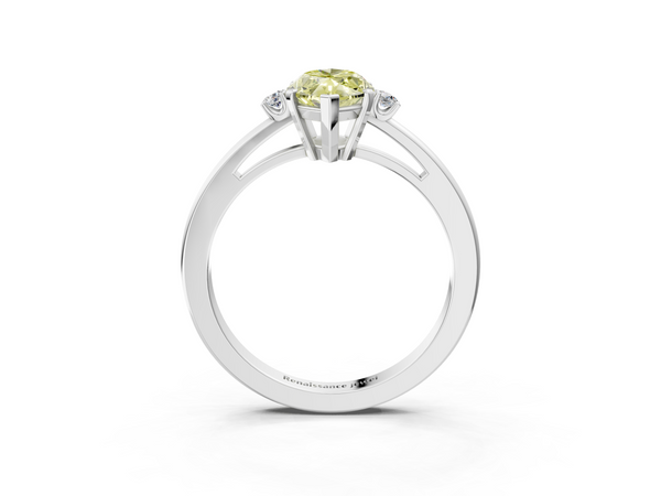 Platinum Fancy Yellow Marquise  Cut Three-Stone Solitaire Ring with Round Accent Diamonds and Four-Prong Setting