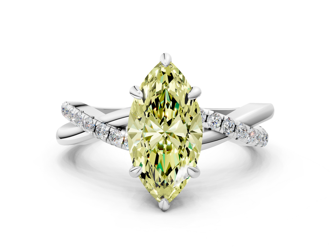 White gold Fancy Yellow Marquise  Cut Twist Band Solitaire Diamond Ring with Pavé Setting_3