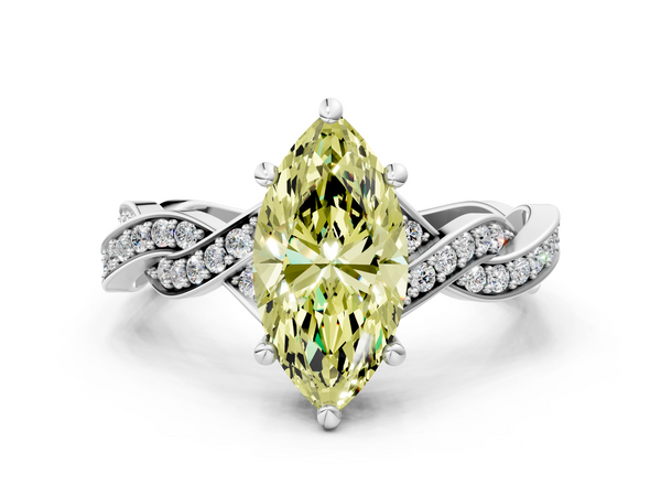 Platinum Fancy Yellow Marquise  Cut Twisted Pavé Band Solitaire Ring with Four-Prong Setting