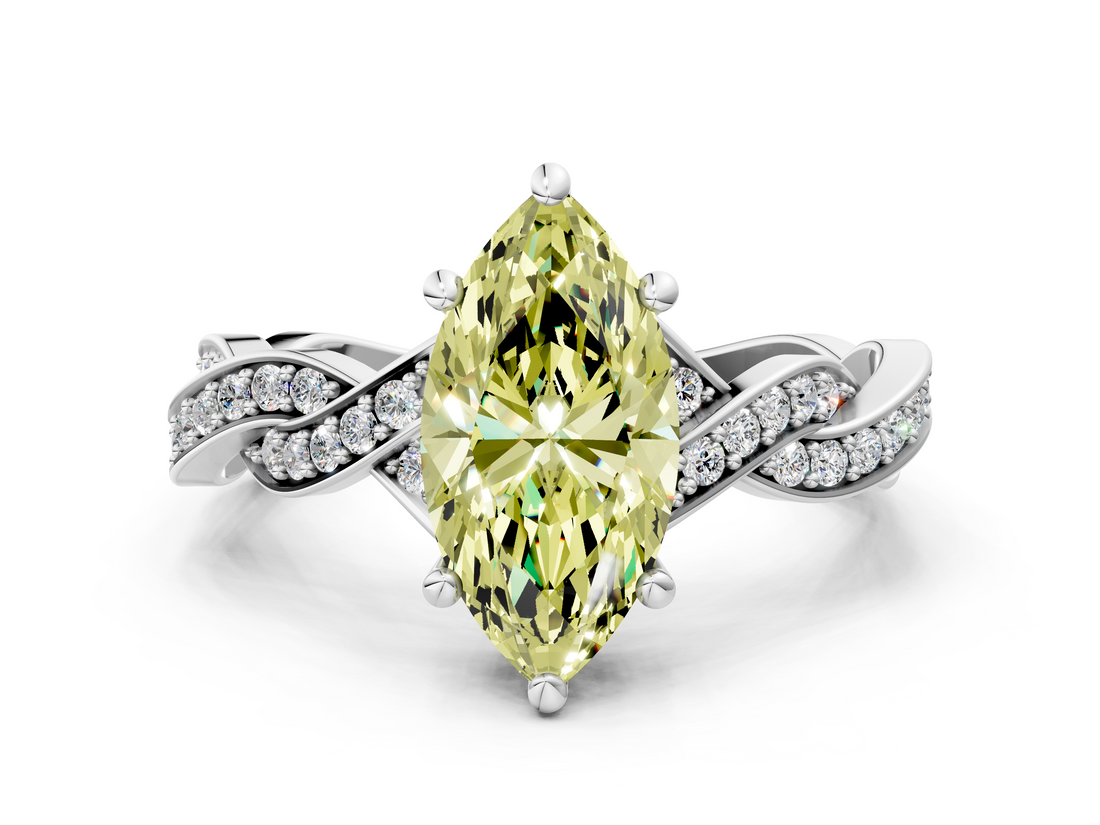 White gold Fancy Yellow Marquise  Cut Twisted Pavé Band Solitaire Ring with Four-Prong Setting