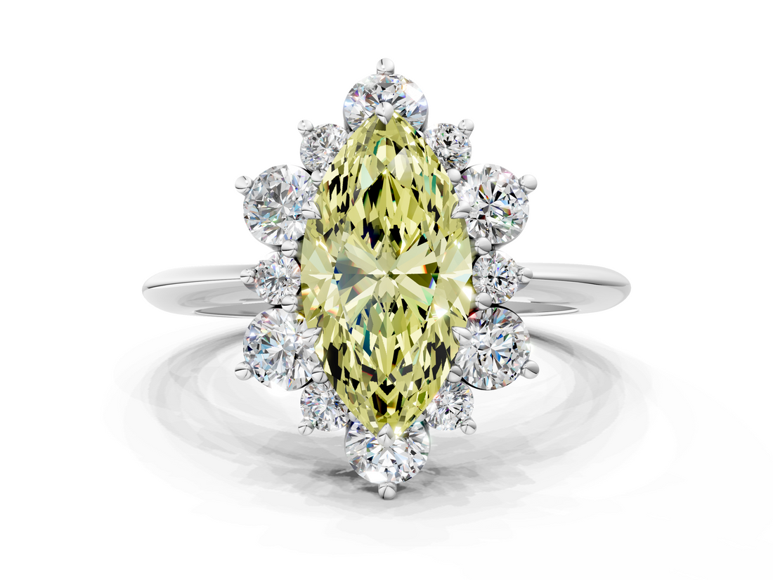 White gold Fancy Yellow Marquise  Diamond Cluster Halo Ring with Solitaire Band and Four-Prong Setting