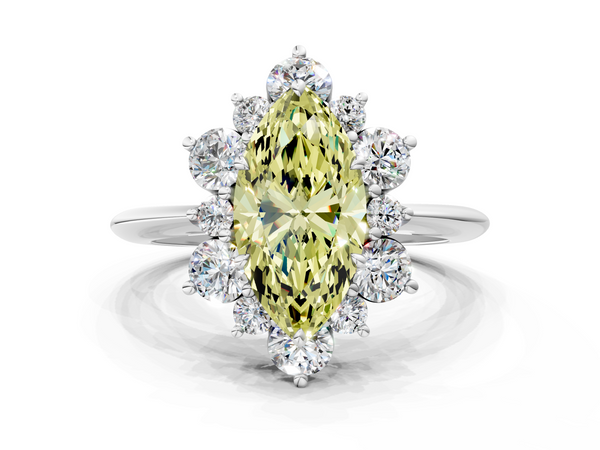 Platinum Fancy Yellow Marquise  Diamond Cluster Halo Ring with Solitaire Band and Four-Prong Setting