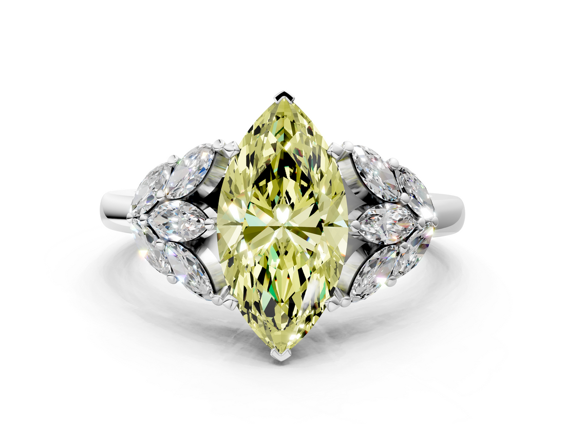 White gold Fancy Yellow Marquise  Diamond Cluster Leaf Design Ring with Prong Setting