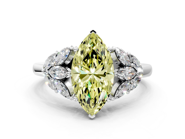 White gold Fancy Yellow Marquise  Diamond Cluster Leaf Design Ring with Prong Setting