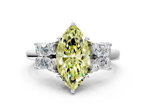 White gold Fancy Yellow Marquise  Diamond Floral Cluster Ring with Solitaire Band and Prong Setting