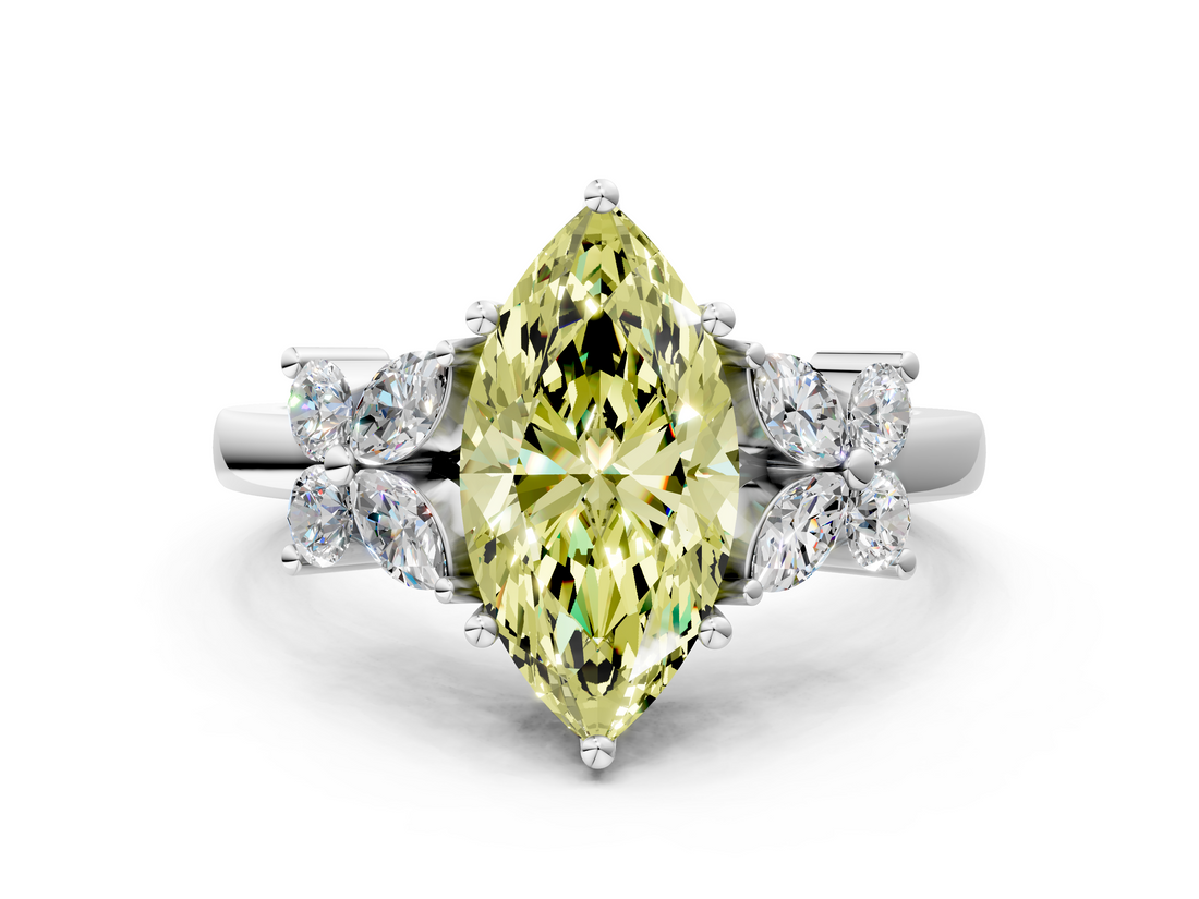 White gold Fancy Yellow Marquise  Diamond Floral Cluster Ring with Solitaire Band and Prong Setting