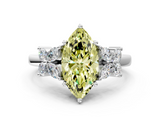 White gold Fancy Yellow Marquise  Diamond Floral Cluster Ring with Solitaire Band and Prong Setting