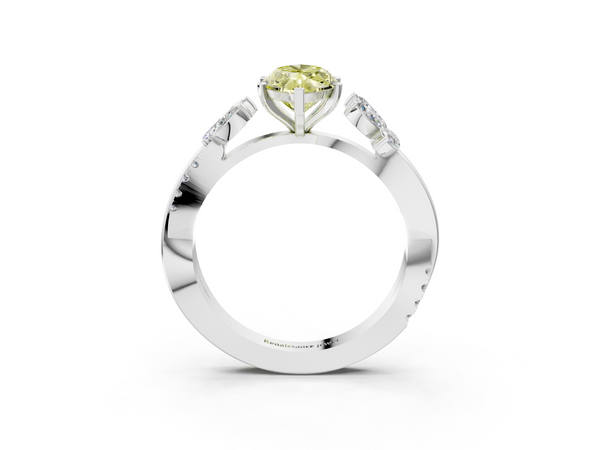 White gold Fancy Yellow Marquise  Diamond Floral Vine Solitaire Engagement Ring