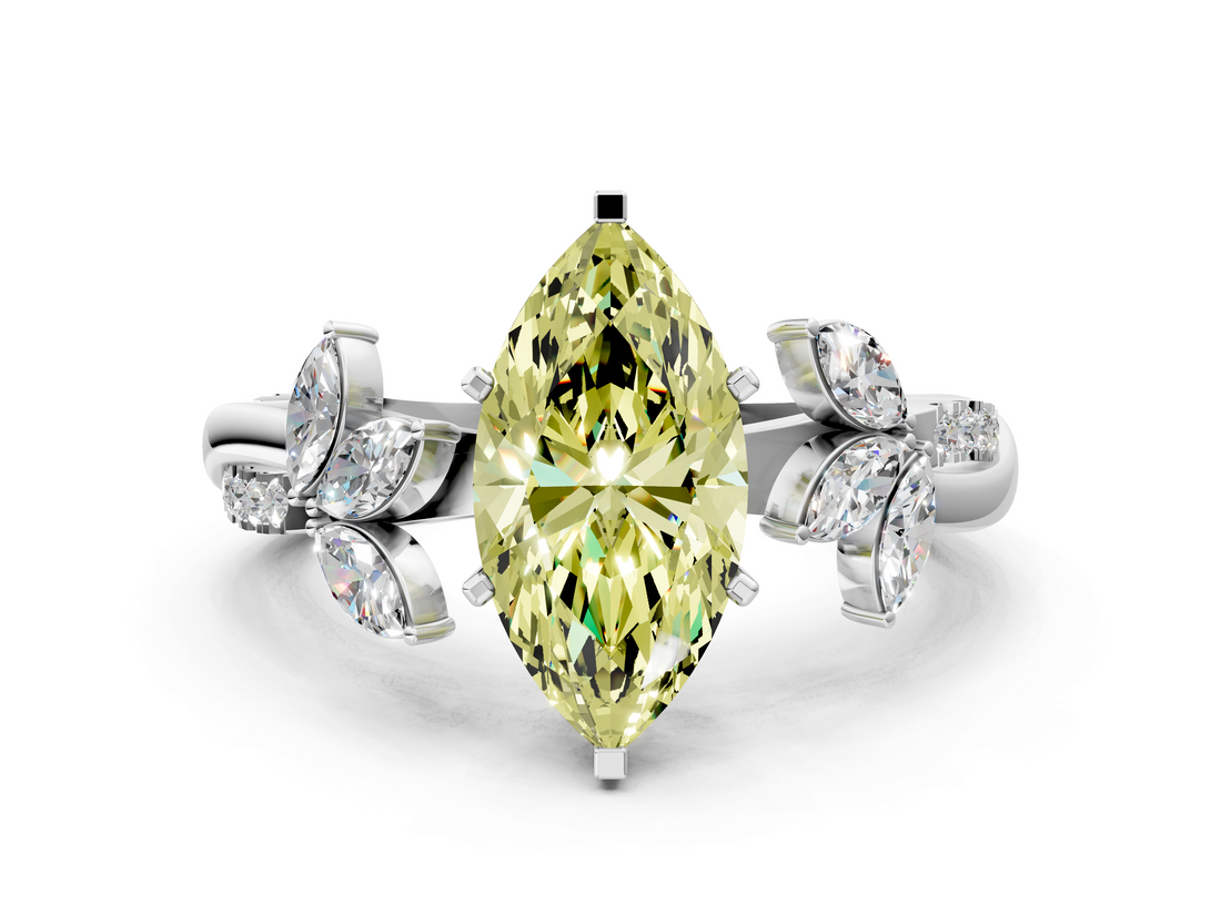 White gold Fancy Yellow Marquise  Diamond Floral Vine Solitaire Engagement Ring