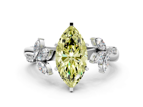 White gold Fancy Yellow Marquise  Diamond Floral Vine Solitaire Engagement Ring