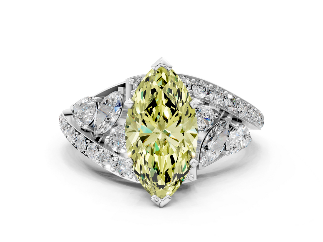 White gold Fancy Yellow Marquise  Diamond Halo Ring with Marquise and Pavé Band in Prong Setting