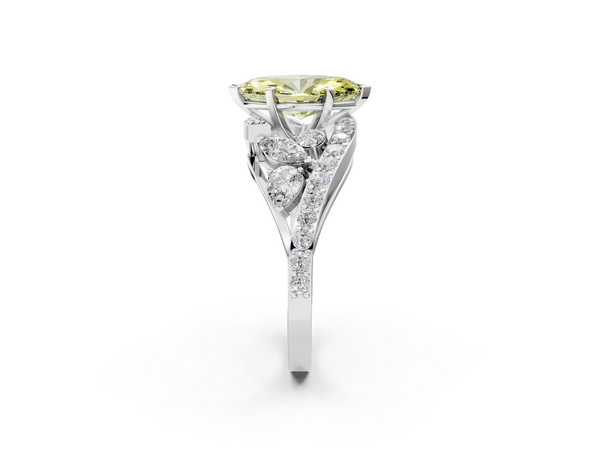 Platinum Fancy Yellow Marquise  Diamond Halo Ring with Marquise and Pavé Band in Prong Setting