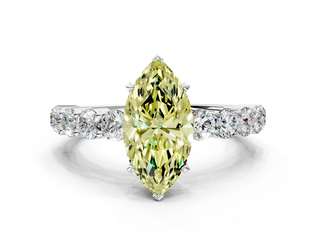White gold Fancy Yellow Marquise  Diamond Pavé Band Solitaire with Four-Prong Setting