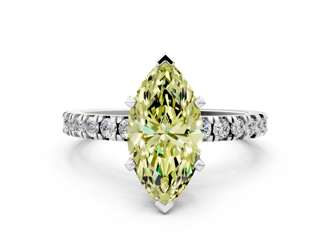 White gold Fancy Yellow Marquise  Diamond Pavé Band Solitaire with Four-Prong Setting