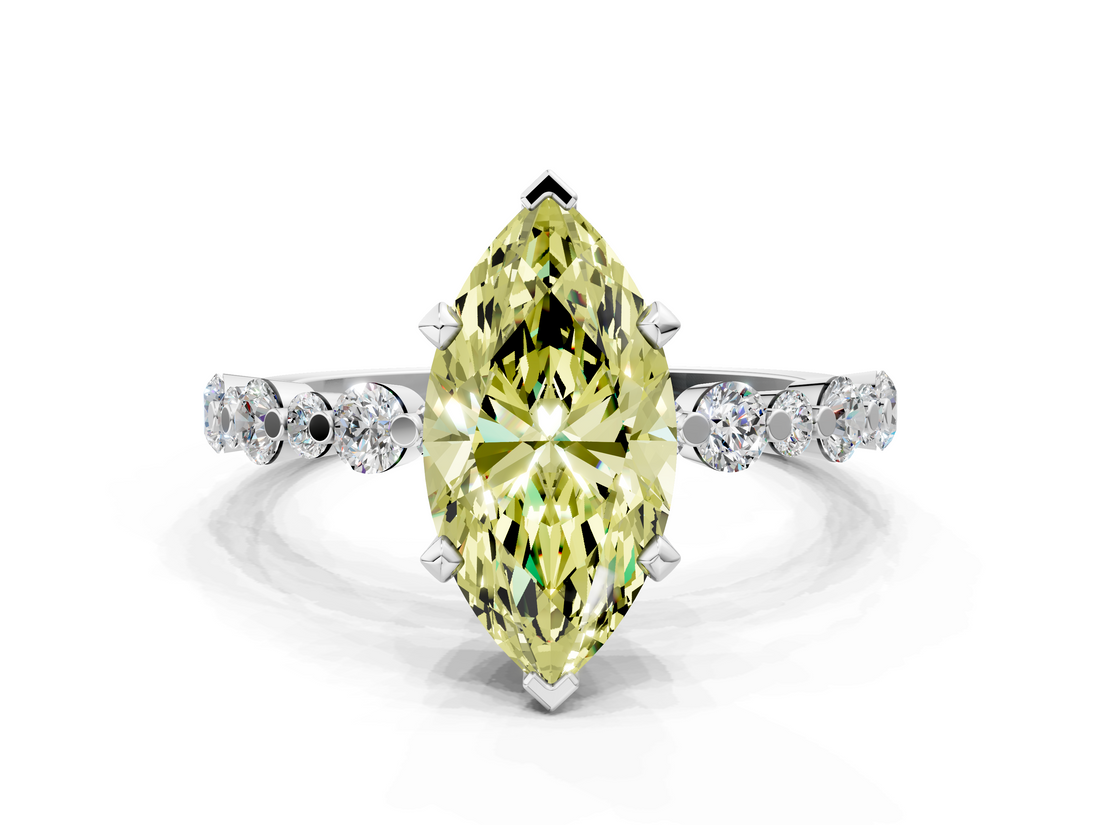 White gold Fancy Yellow Marquise  Diamond Prong Set Engagement Ring with Pave Band