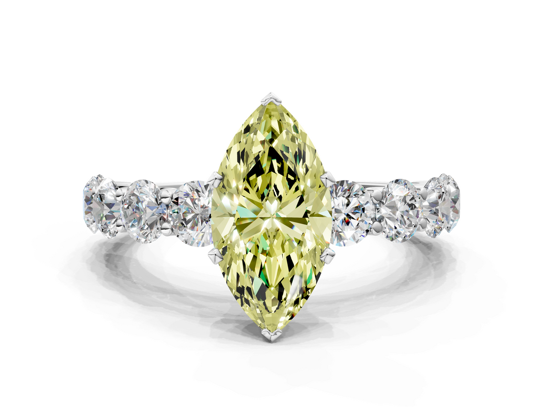 White gold Fancy Yellow Marquise  Diamond Prong Setting with Side Stones on a Pave Band