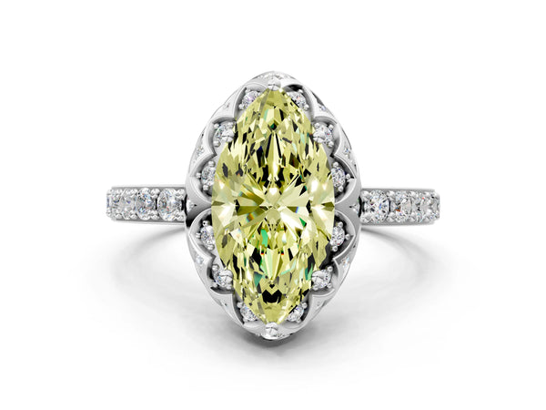 White gold Fancy Yellow Marquise  Diamond Solitaire Ring with Shared Prong Pavé Band