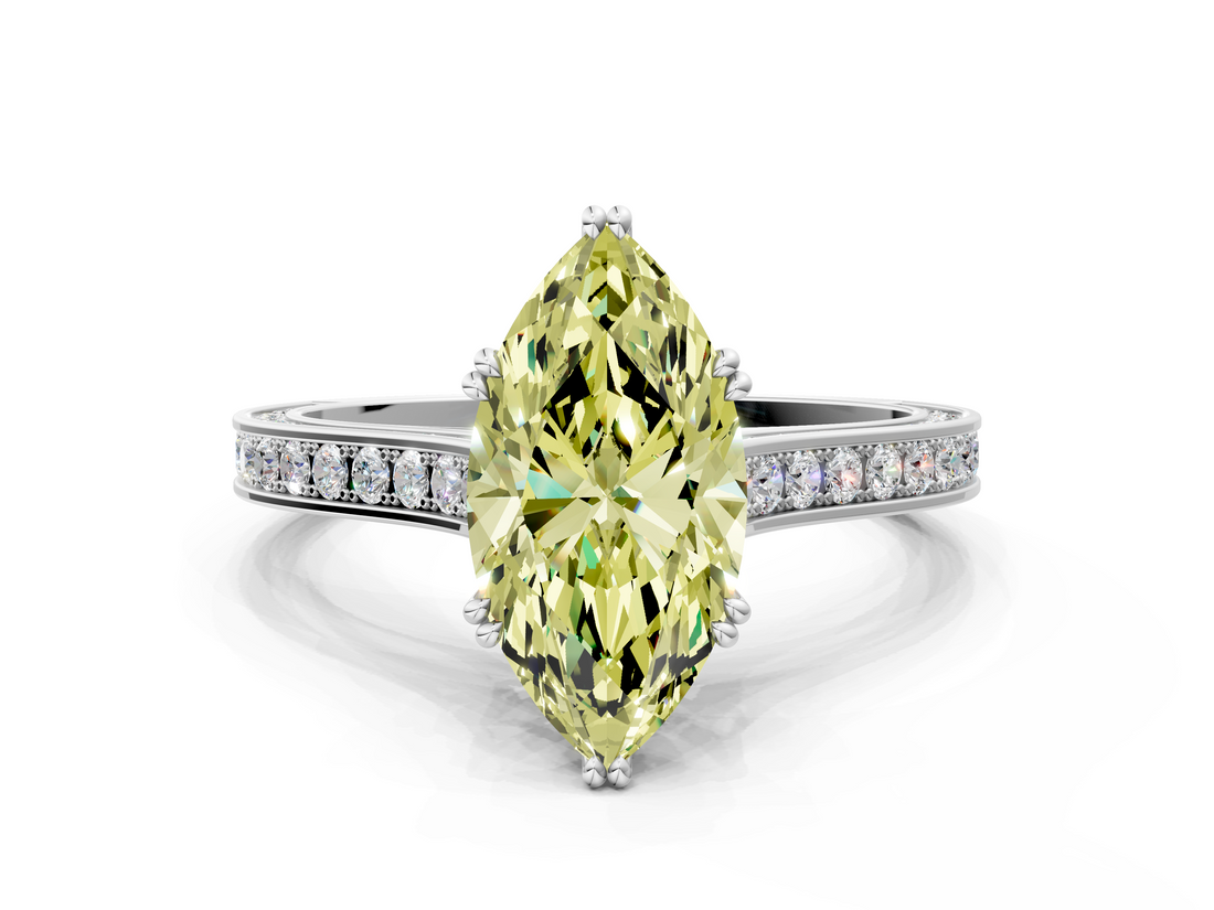 White gold Fancy Yellow Marquise  Diamond Solitaire with Pave Band and Six-Prong Setting
