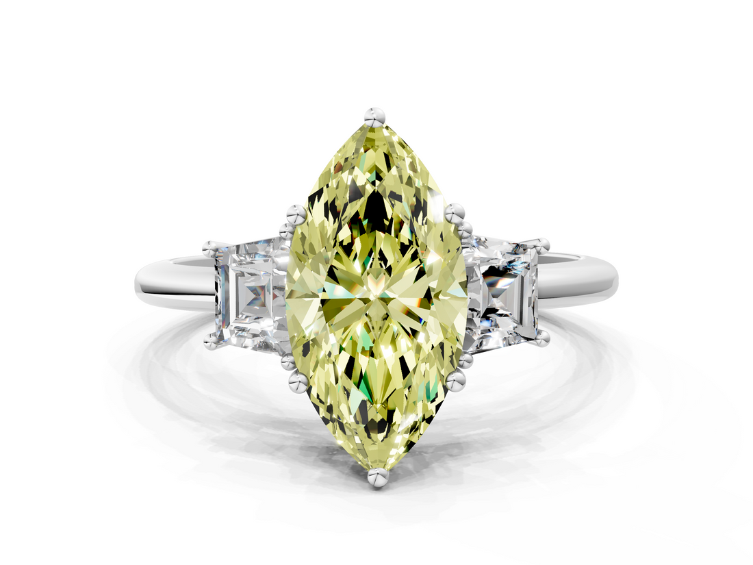 White gold Fancy Yellow Marquise  Diamond Three-Stone Ring with Trapezoid Side Stones and Prong Setting