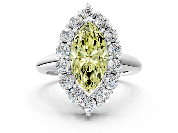 Platinum Fancy Yellow Marquise  Halo Cluster Diamond Engagement Ring with Prong Setting and Polished Band