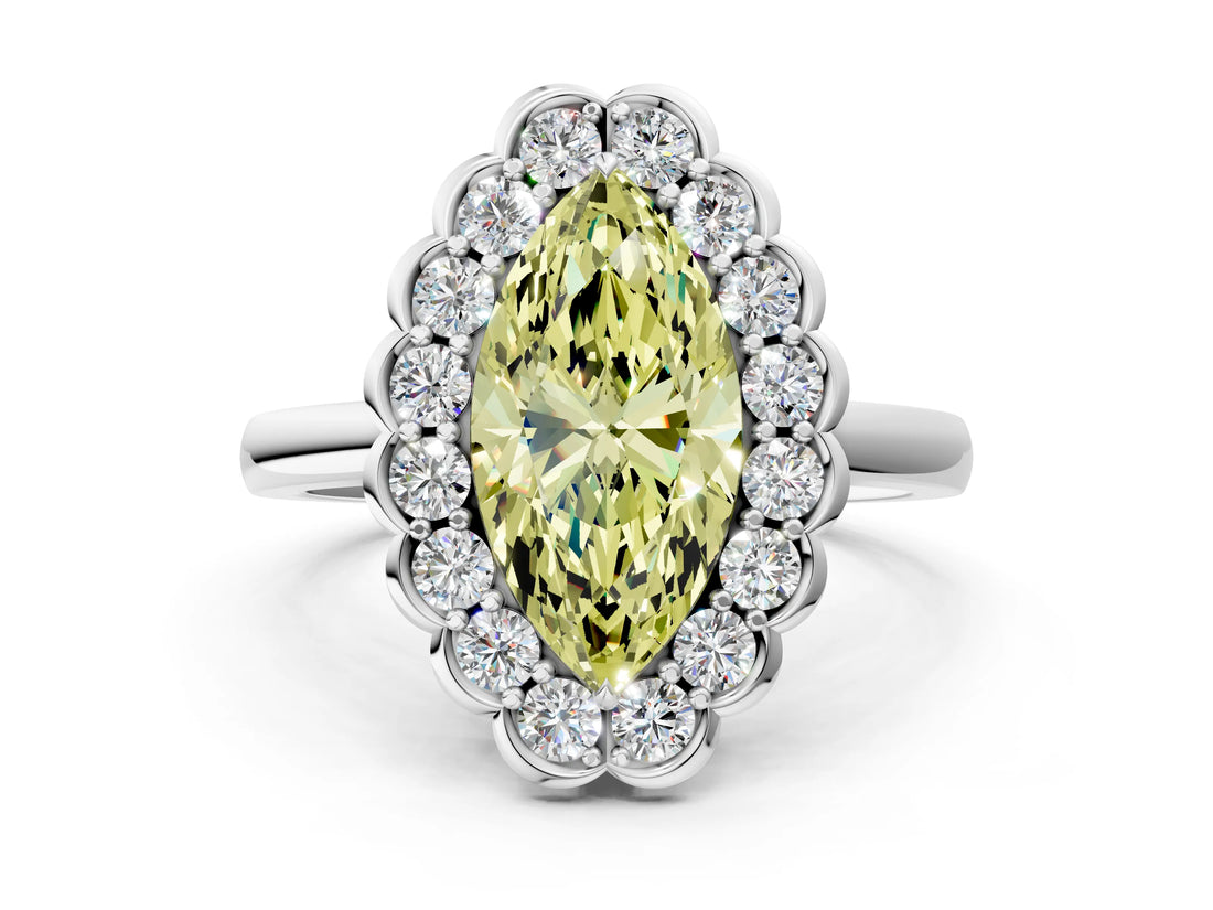 White gold Fancy Yellow Marquise  Halo Cluster Diamond Engagement Ring with Solitaire Band and Prong Setting_46