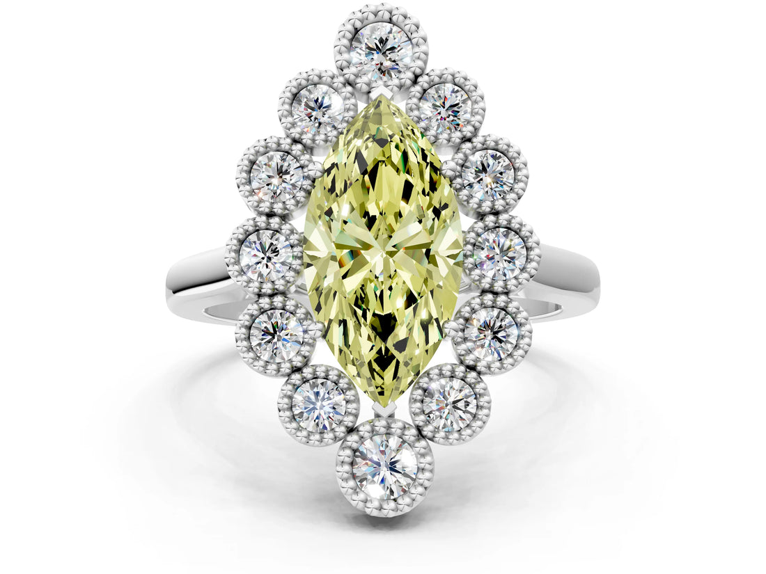White gold Fancy Yellow Marquise  Halo Diamond Cluster Engagement Ring with Milgrain Bezel Setting and Solitaire Band_63