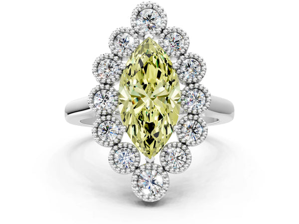 White gold Fancy Yellow Marquise  Halo Diamond Cluster Engagement Ring with Milgrain Bezel Setting and Solitaire Band