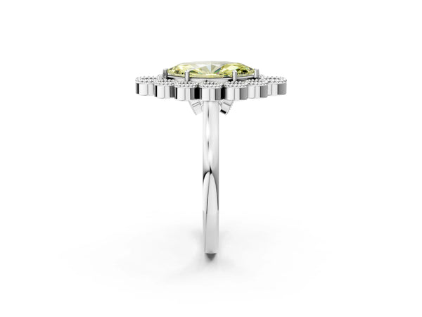 White gold Fancy Yellow Marquise  Halo Diamond Cluster Engagement Ring with Milgrain Bezel Setting and Solitaire Band