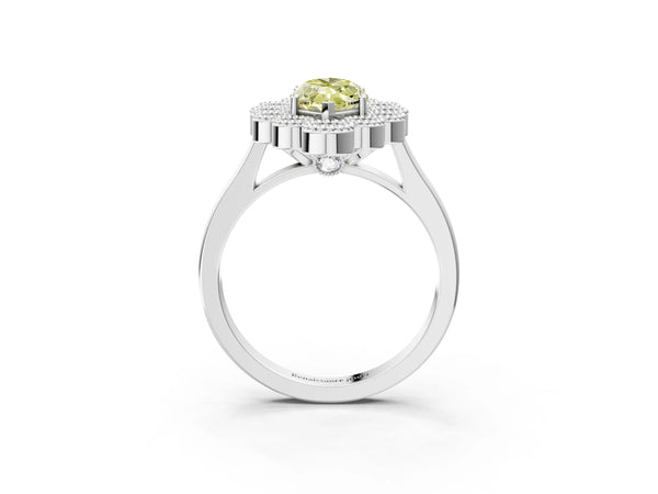 White gold Fancy Yellow Marquise  Halo Diamond Cluster Engagement Ring with Milgrain Bezel Setting and Solitaire Band