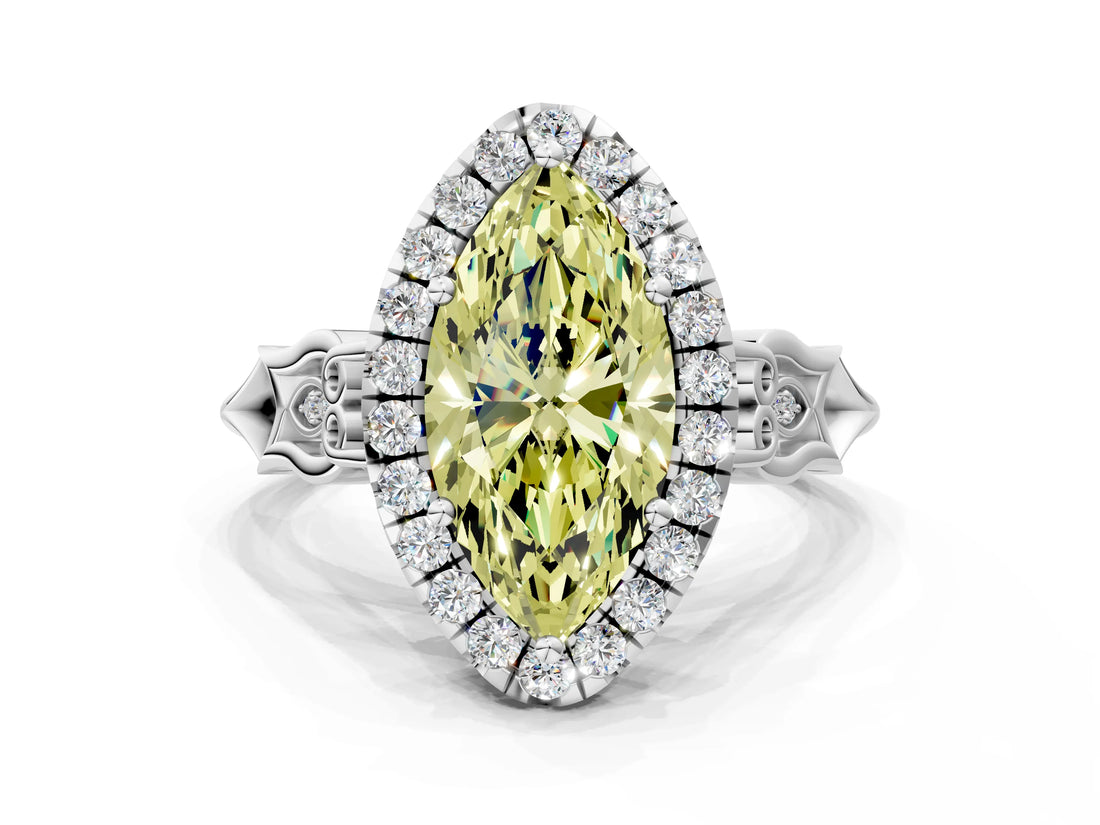 White gold Fancy Yellow Marquise  Halo Diamond Engagement Ring with Filigree Band and Four-Prong Setting_105