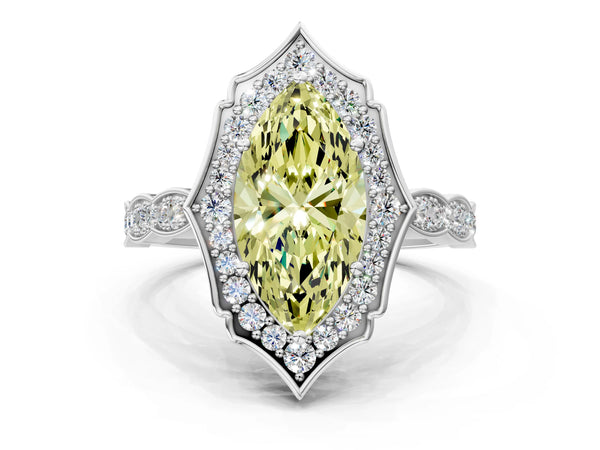 White gold Fancy Yellow Marquise  Halo Diamond Engagement Ring with Milgrain Band and Four-Prong Setting