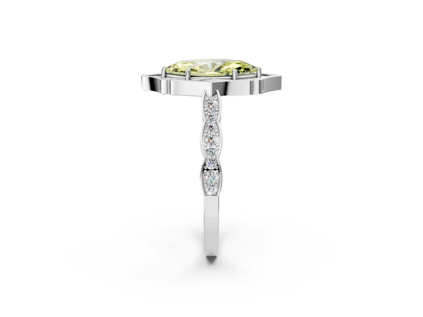 White gold Fancy Yellow Marquise  Halo Diamond Engagement Ring with Milgrain Band and Four-Prong Setting