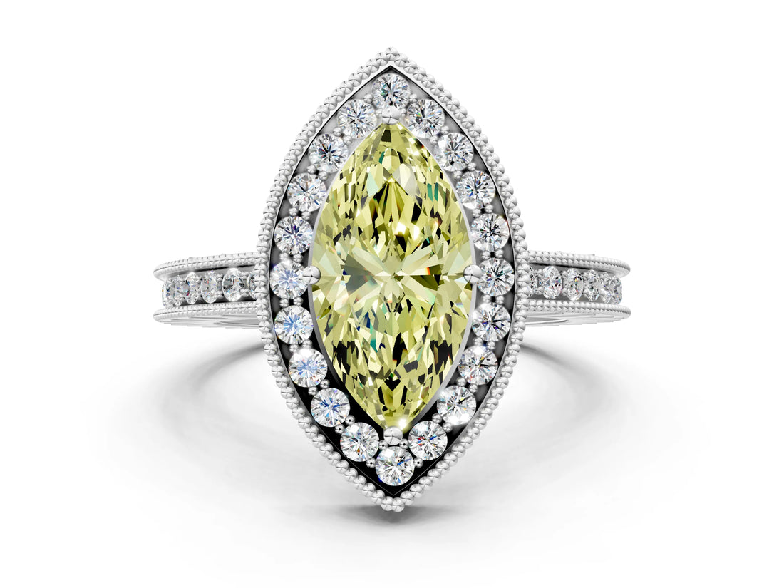 White gold Fancy Yellow Marquise  Halo Diamond Engagement Ring with Milgrain Pave Band and Four-Prong Setting_171
