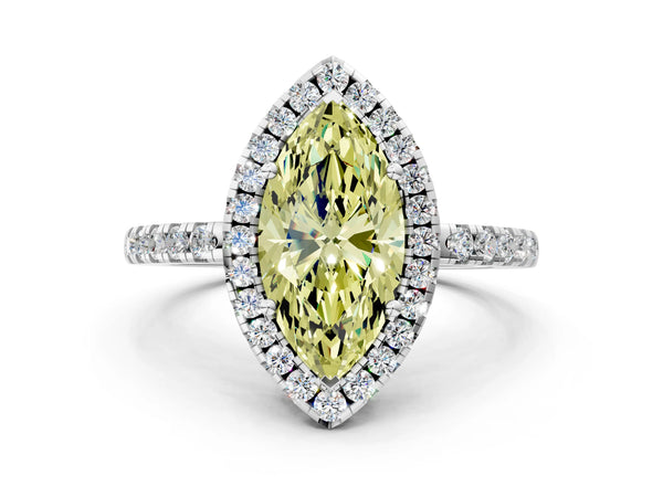 Platinum Fancy Yellow Marquise  Halo Diamond Engagement Ring with Pavé Band and Four-Prong Setting