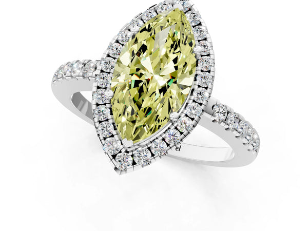 Platinum Fancy Yellow Marquise  Halo Diamond Engagement Ring with Pavé Band and Four-Prong Setting