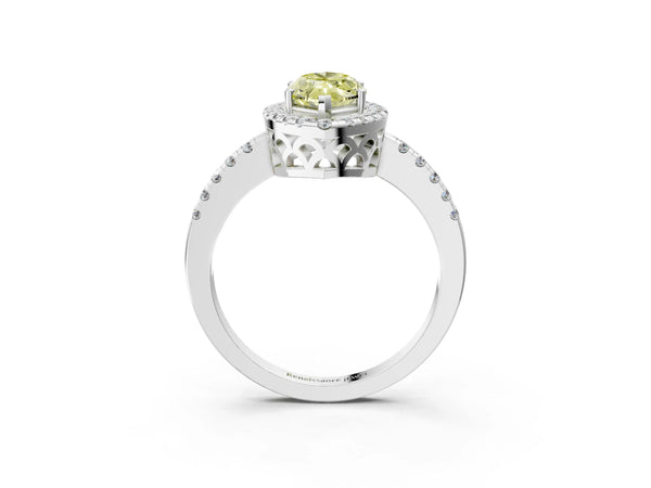 Platinum Fancy Yellow Marquise  Halo Diamond Engagement Ring with Pavé Band and Four-Prong Setting