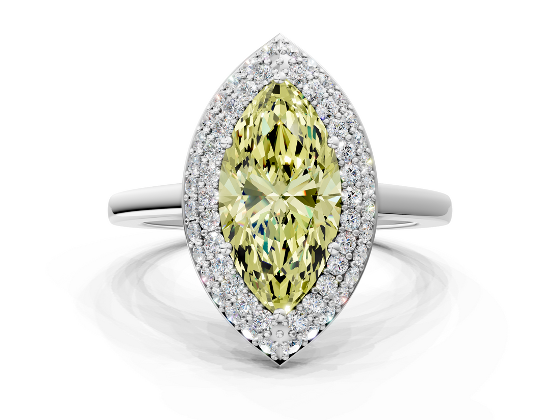 White gold Fancy Yellow Marquise  Halo Diamond Engagement Ring with Solitaire Band and Four-Prong Setting
