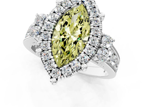 Platinum Fancy Yellow Marquise  Halo Diamond Engagement Ring with Split Shank and Four-Prong Setting