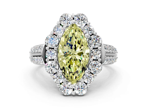 Platinum Fancy Yellow Marquise  Halo Diamond Engagement Ring with Split Shank and Prong Setting