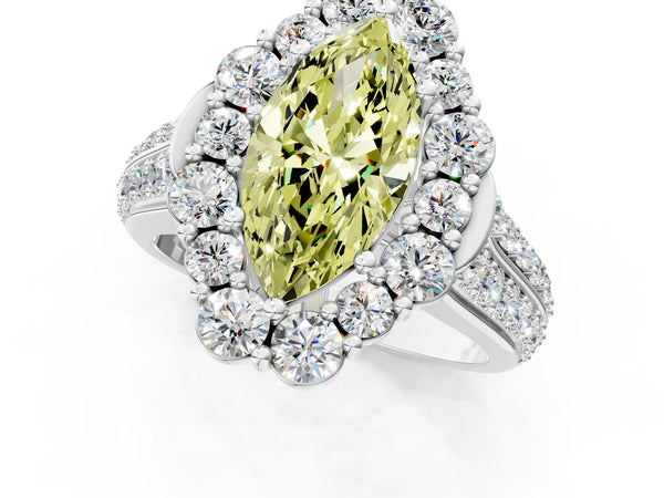 Platinum Fancy Yellow Marquise  Halo Diamond Engagement Ring with Split Shank and Prong Setting