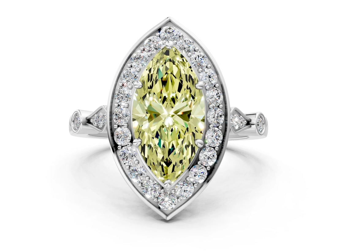 White gold Fancy Yellow Marquise  Halo Diamond Engagement Ring with Twisted Band and Four-Prong Setting 2