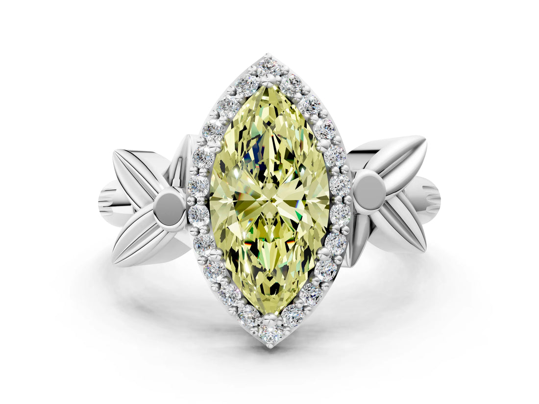 White gold Fancy Yellow Marquise  Halo Diamond Floral Band with Four-Prong Setting_53