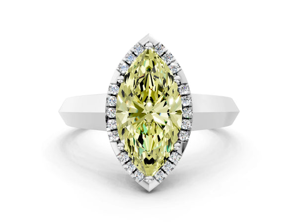 Platinum Fancy Yellow Marquise  Halo Diamond Ring with Cathedral Band and Four-Prong Setting