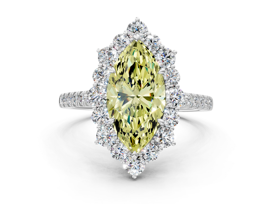 White gold Fancy Yellow Marquise  Halo Diamond Ring with Pavé Band and Prong Setting_16