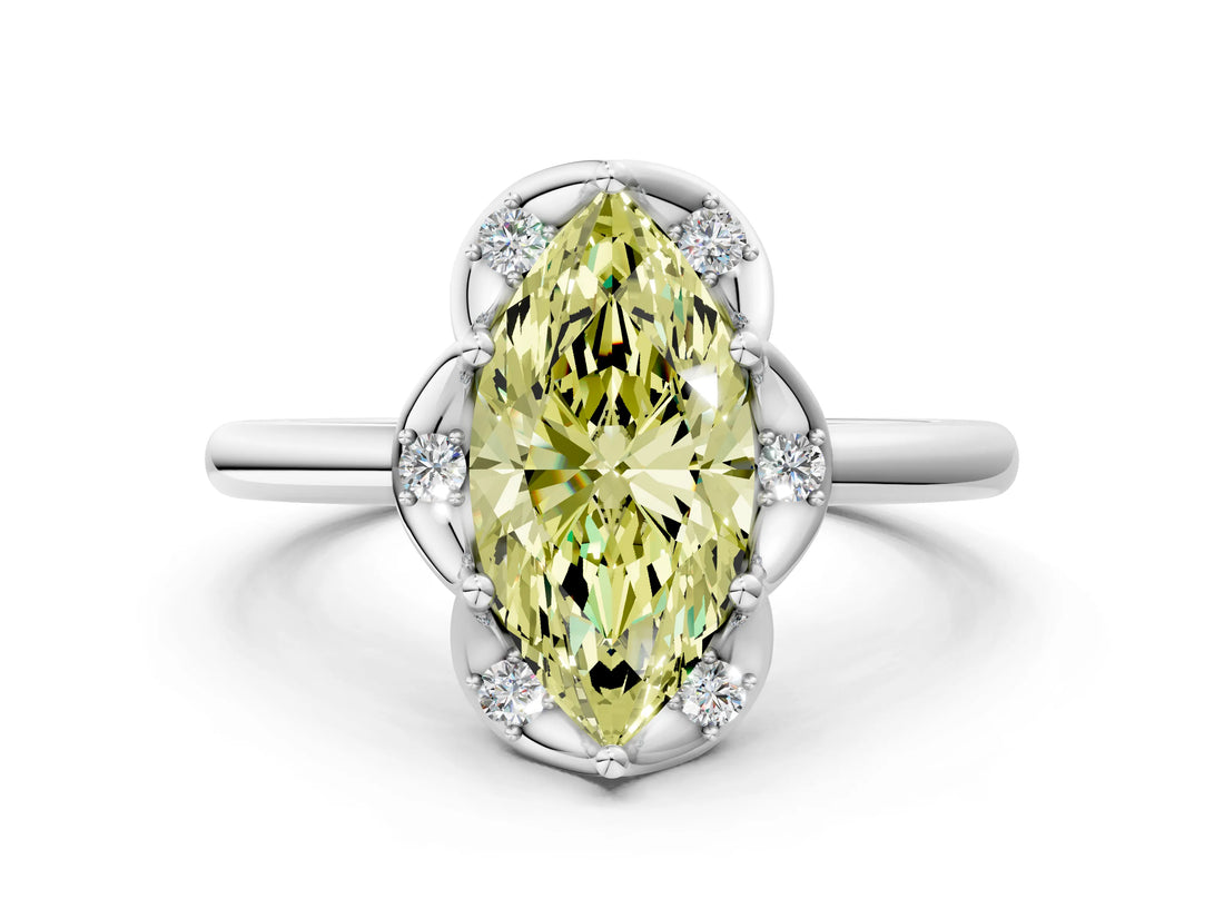 White gold Fancy Yellow Marquise  Halo Diamond Ring with Round Cluster Setting, Solitaire Band, and Four-Prong Setting_29