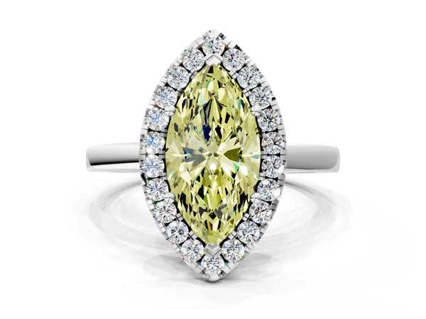 White gold Fancy Yellow Marquise  Halo Diamond Solitaire with Pavé Band and Four-Prong Setting