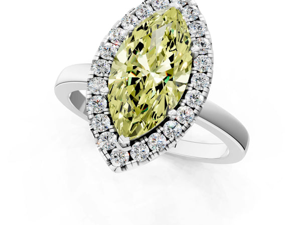 White gold Fancy Yellow Marquise  Halo Diamond Solitaire with Pavé Band and Four-Prong Setting