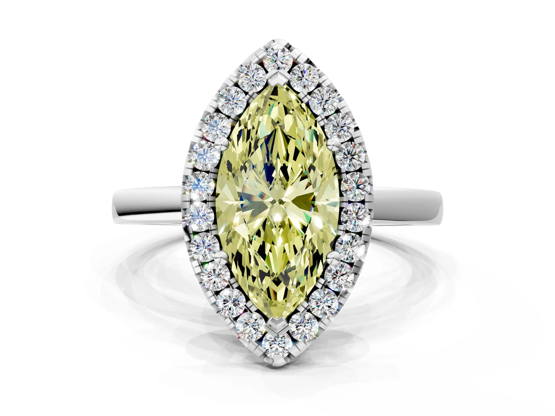 White gold Fancy Yellow Marquise  Halo Diamond Solitaire with Pavé Band and Four-Prong Setting_39
