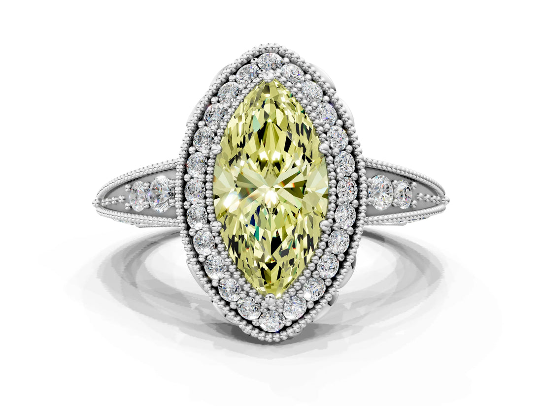 White gold Fancy Yellow Marquise  Halo Diamond Split Shank Ring with Milgrain Detail_29